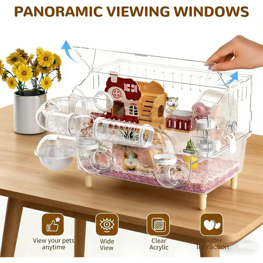 Acrylic Hamster & Gerbil Cage with 360° View, Top Access, and Tunnels