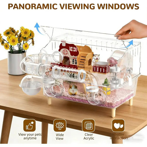 Acrylic Hamster & Gerbil Cage with 360° View, Top Access, and Tunnels