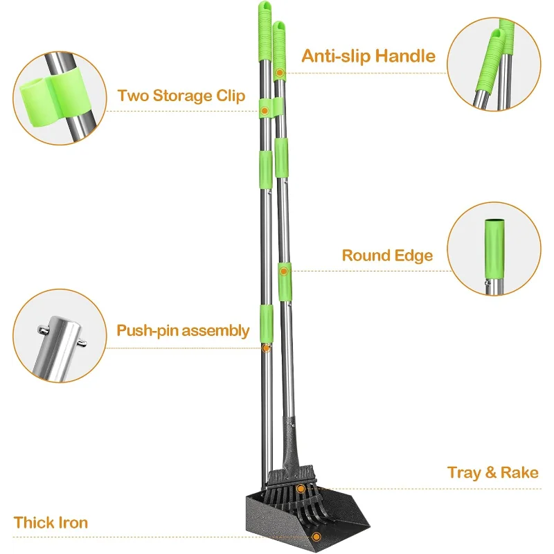 Scooper With Long Handle and Stainless Metal Tray and Rake
