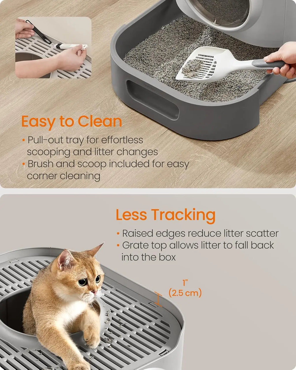 Enclosed Cat Litter Box with Lid, Slide-Out Tray, Scoop & Brush