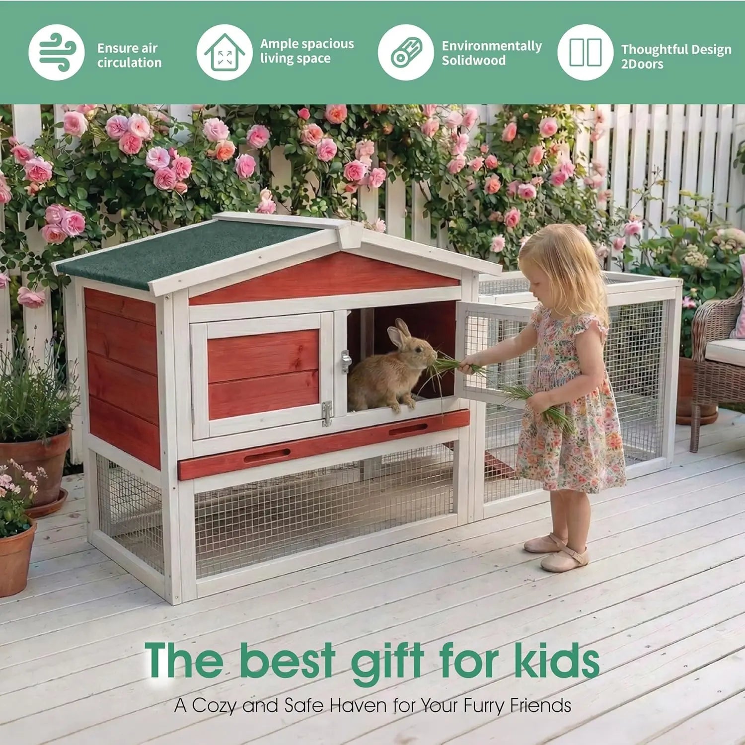 Large Wooden Hutch with Non-Slip Ramp, Playpen and Pull-Out Tray