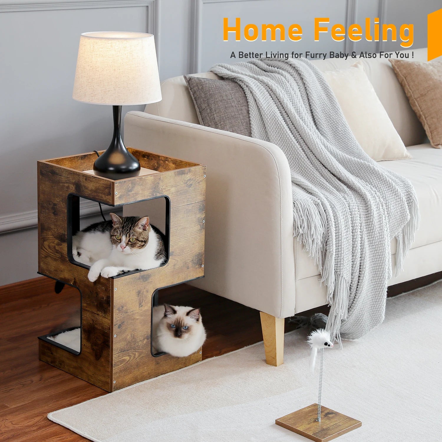 Wood Cat Condo with Removable Soft Mats and Scratching Pad