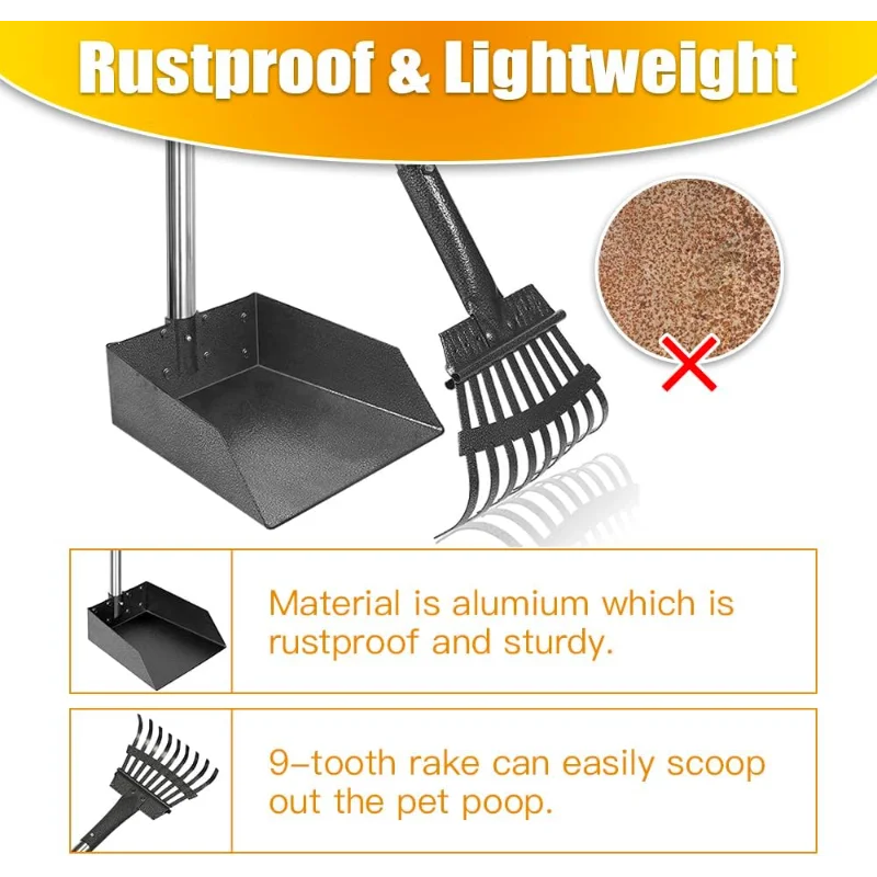 Scooper With Long Handle and Stainless Metal Tray and Rake