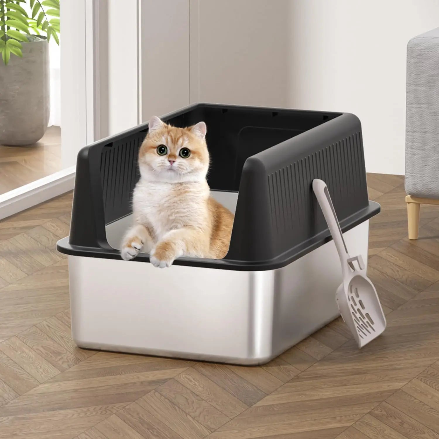 Stainless Steel Litter Box with Lid,  High Sides , Easy Clean with Scoop