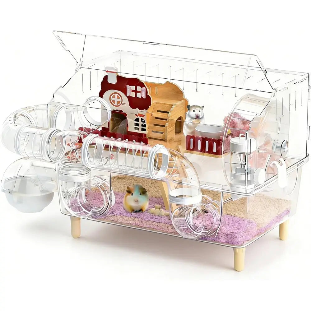 Acrylic Hamster & Gerbil Cage with 360° View, Top Access, and Tunnels