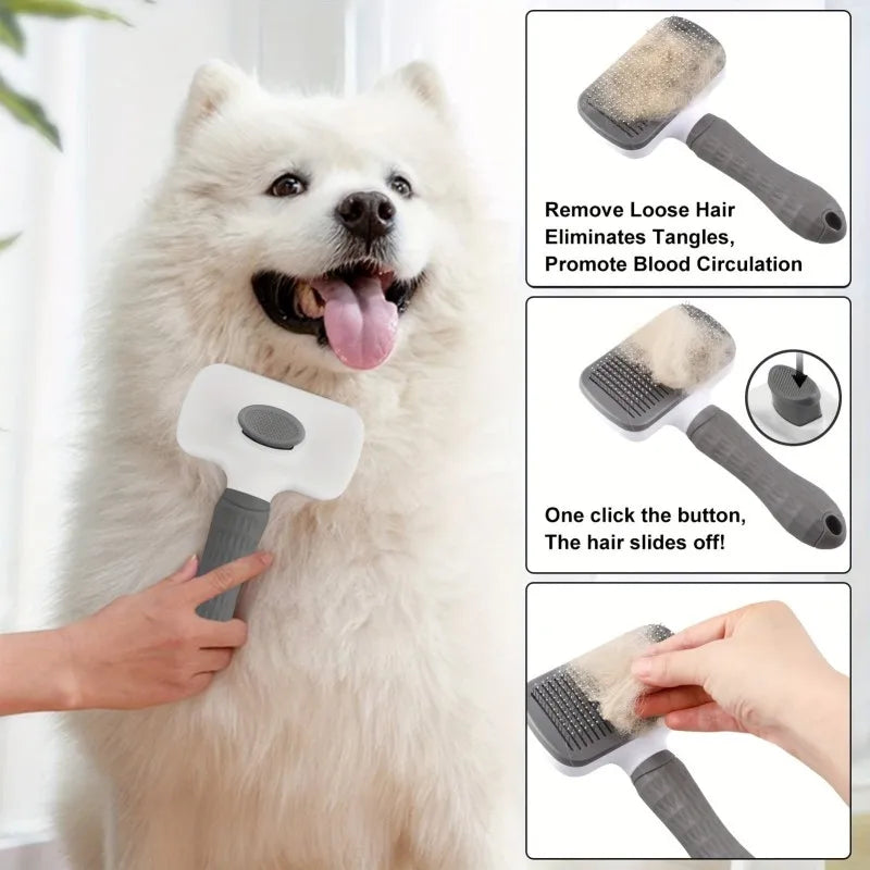 Grooming Brush, Self-Cleaning, Slicker Comb with Round-Tip Bent Needles