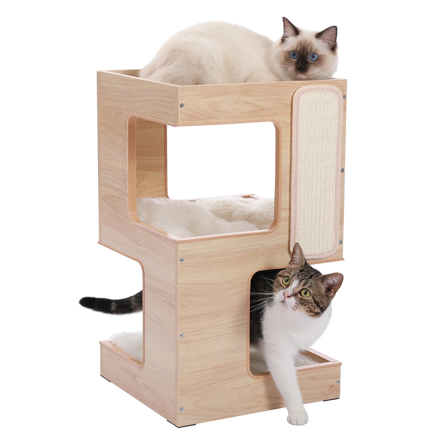 Wood Cat Condo with Removable Soft Mats and Scratching Pad