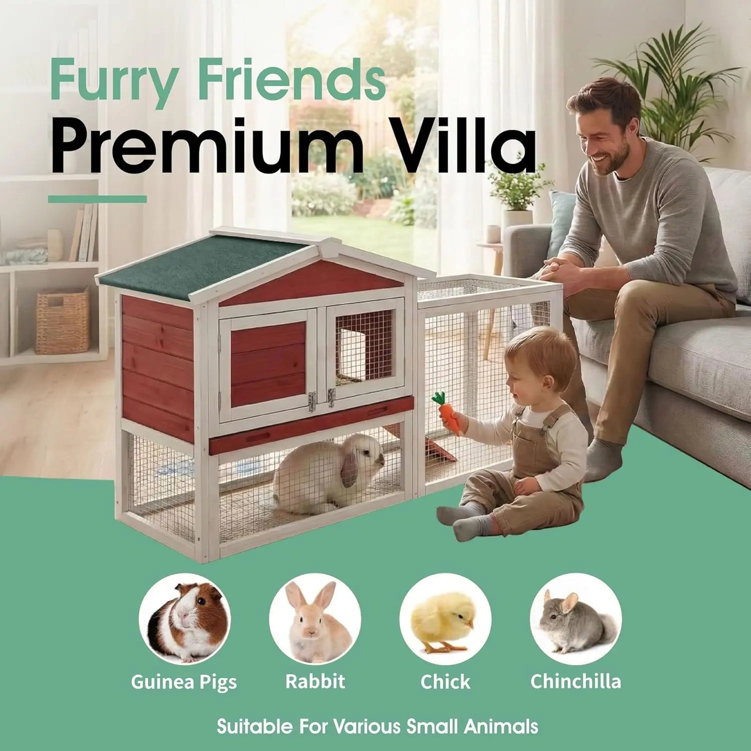 Large Wooden Hutch with Non-Slip Ramp, Playpen and Pull-Out Tray