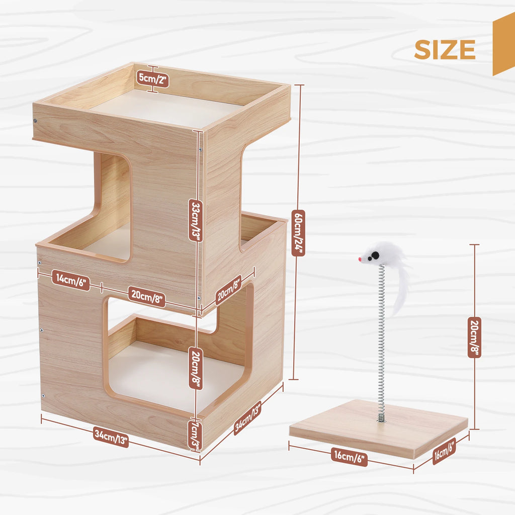 Wood Cat Condo with Removable Soft Mats and Scratching Pad