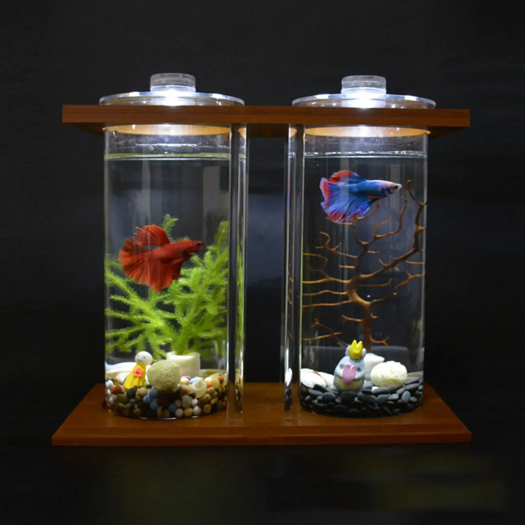Glass Betta Fish Tank with LED Light Bamboo Base Mini Aquarium Set