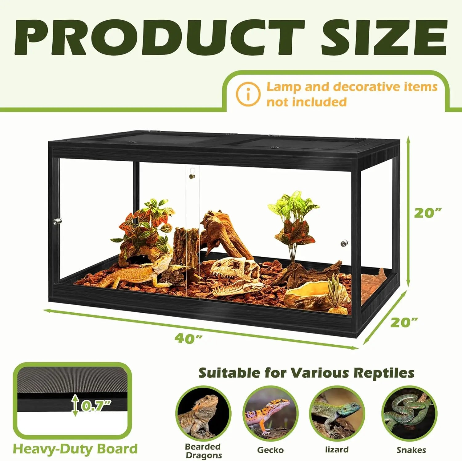Glass Reptile Enclosure with Locking Doors (40"X20"X20", Black)