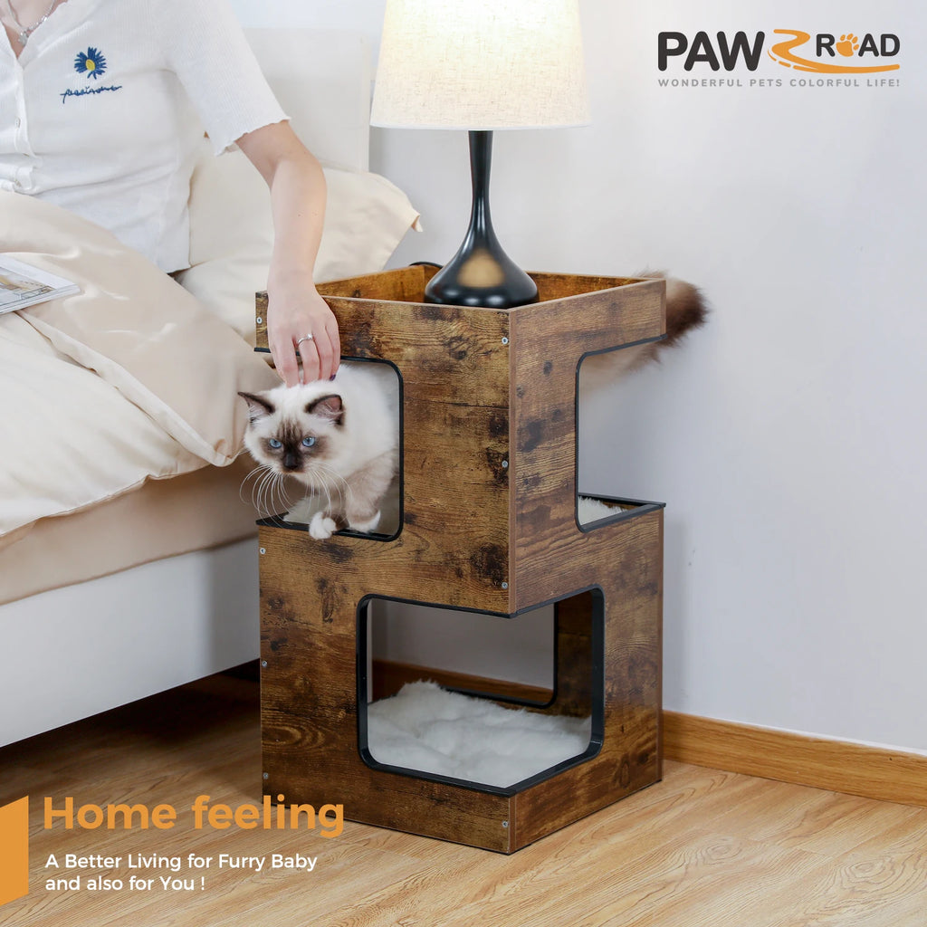 Wood Cat Condo with Removable Soft Mats and Scratching Pad