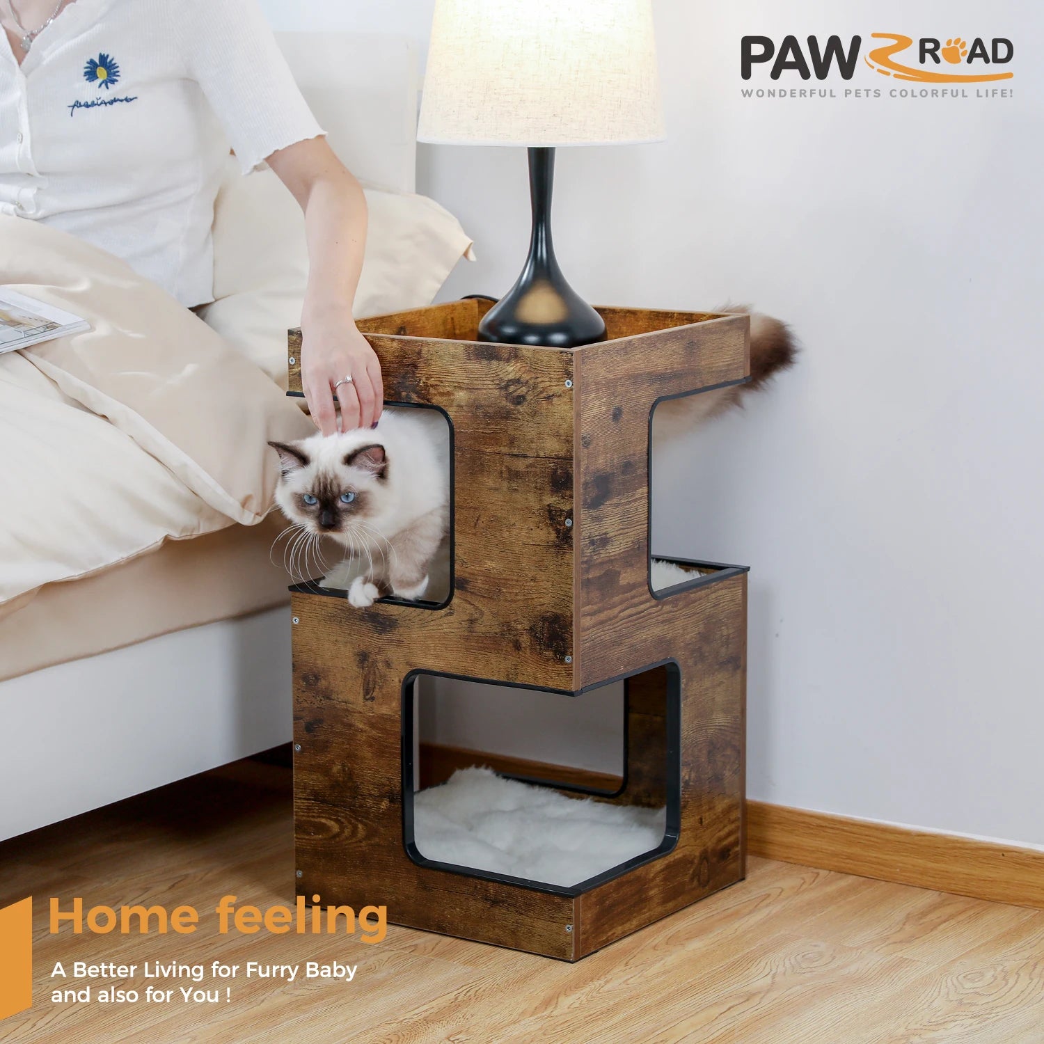 Wood Cat Condo with Removable Soft Mats and Scratching Pad