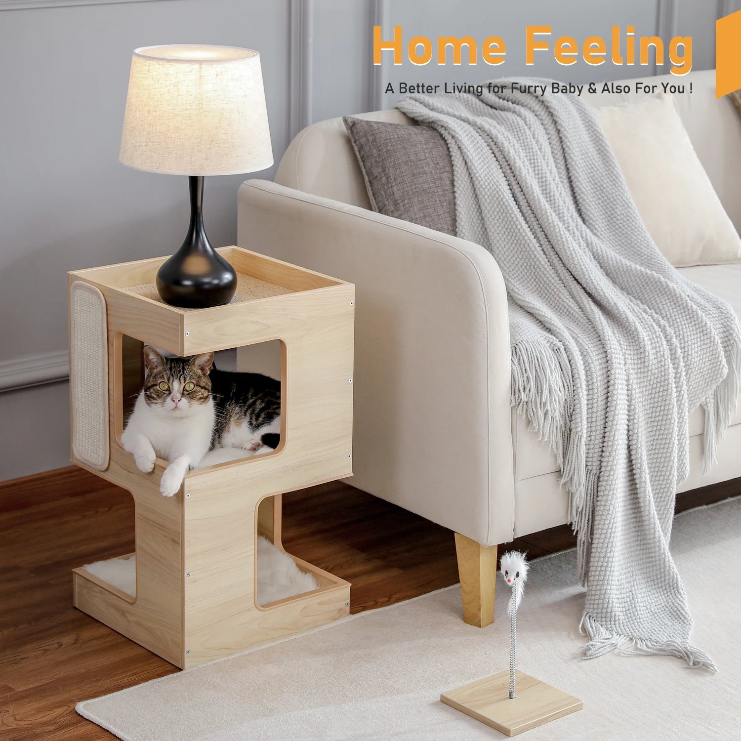 Wood Cat Condo with Removable Soft Mats and Scratching Pad