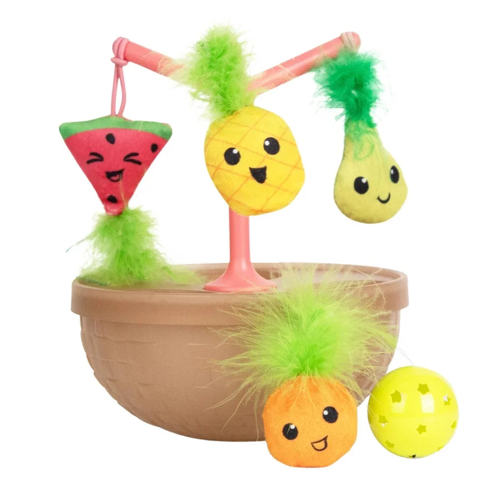 Wobbling Fruit Bowl with 5 Interactive Catnip Jingle Ball