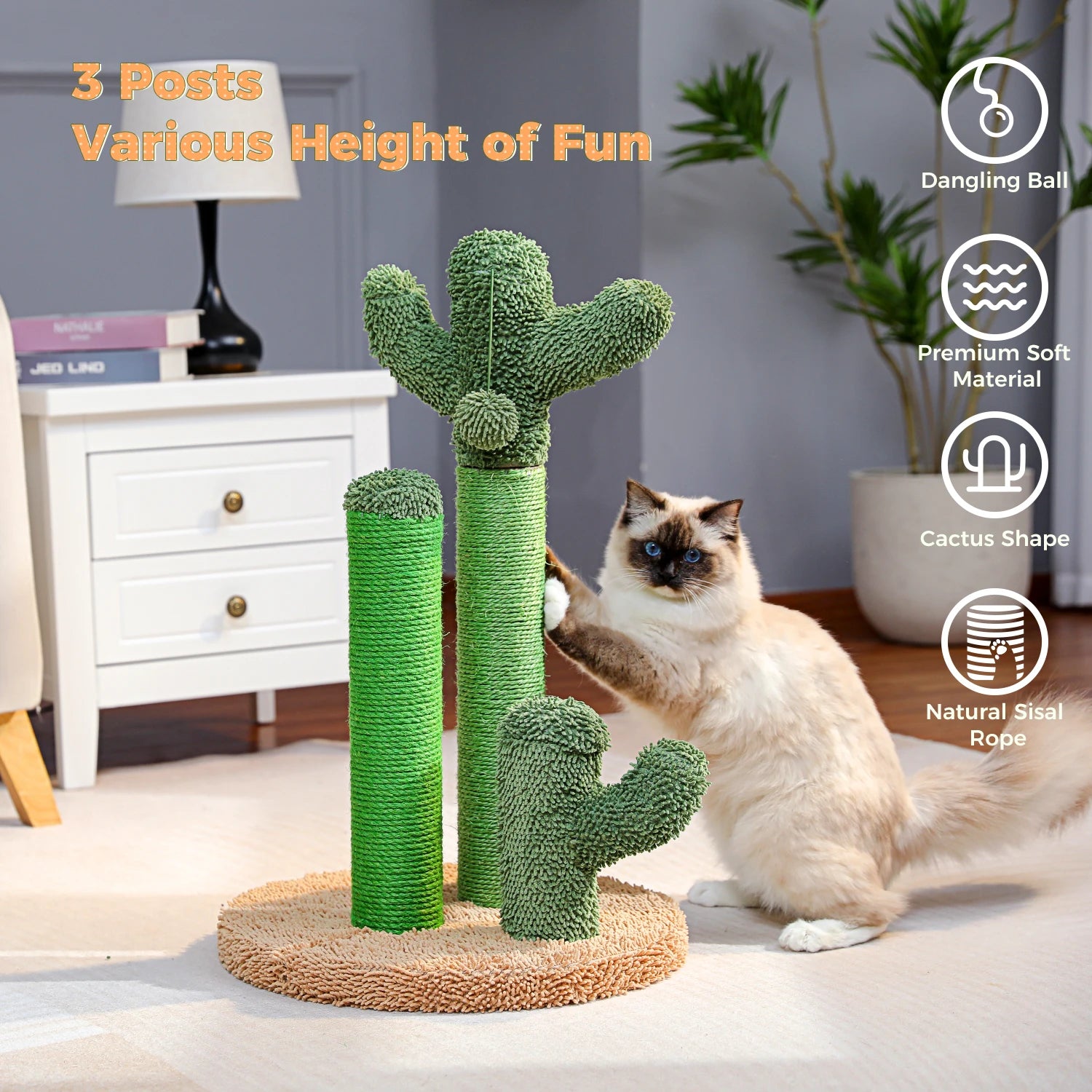 Cactus Cat Scratcher, Featuring 3 Scratching Poles and Interactive Dangling Balls.