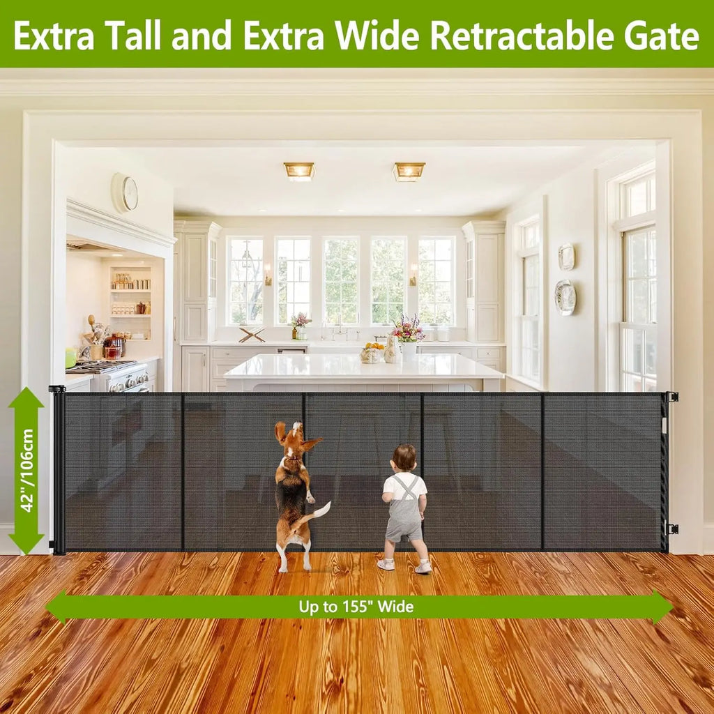 42" Tall Retractable Dog Gate, 155" Wide Adjustable Barrier for Indoor/Outdoor