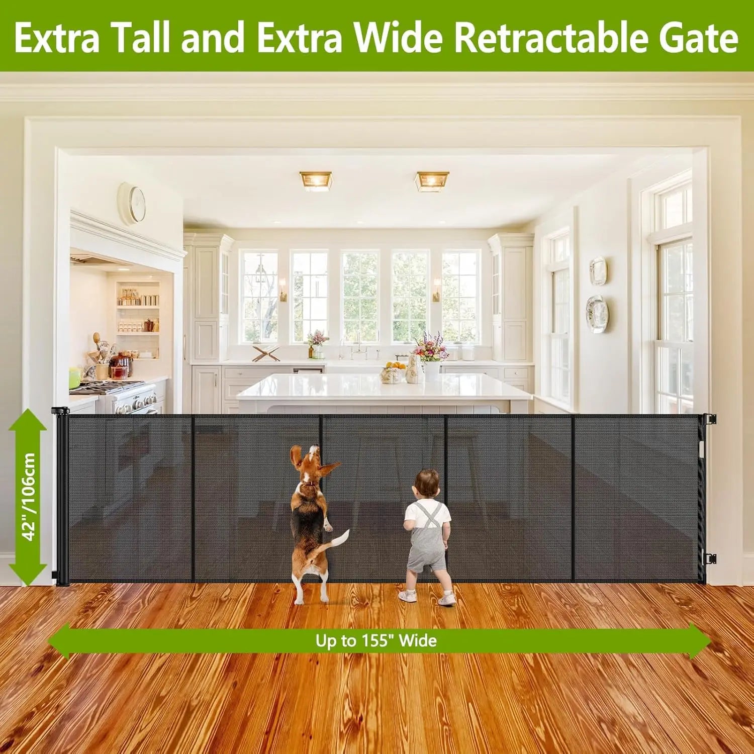 42" Tall Retractable Dog Gate, 155" Wide Adjustable Barrier for Indoor/Outdoor