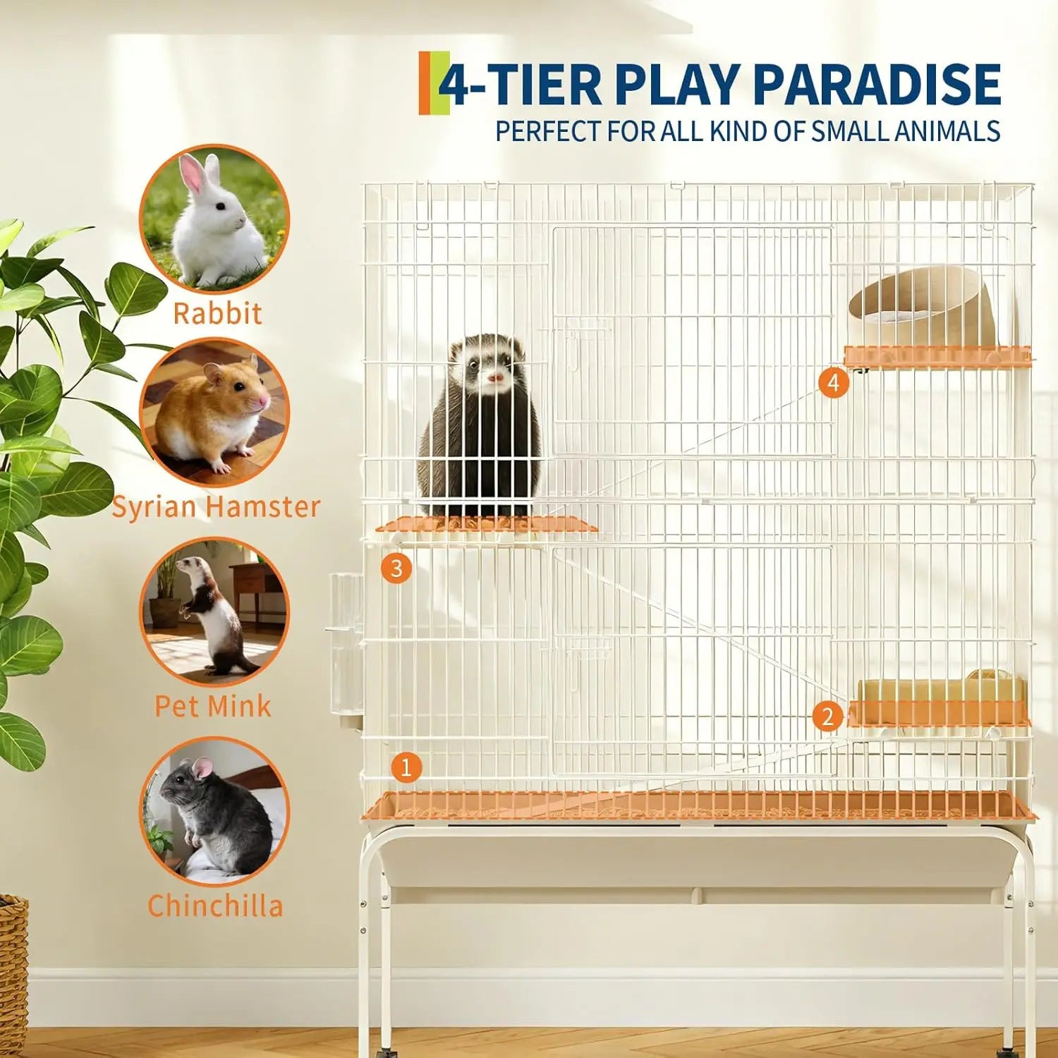 Metal Cage with Wheels, Ramps & Platforms, Water Bottle & Food Dish