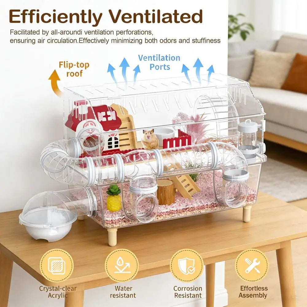 Acrylic Hamster & Gerbil Cage with 360° View, Top Access, and Tunnels