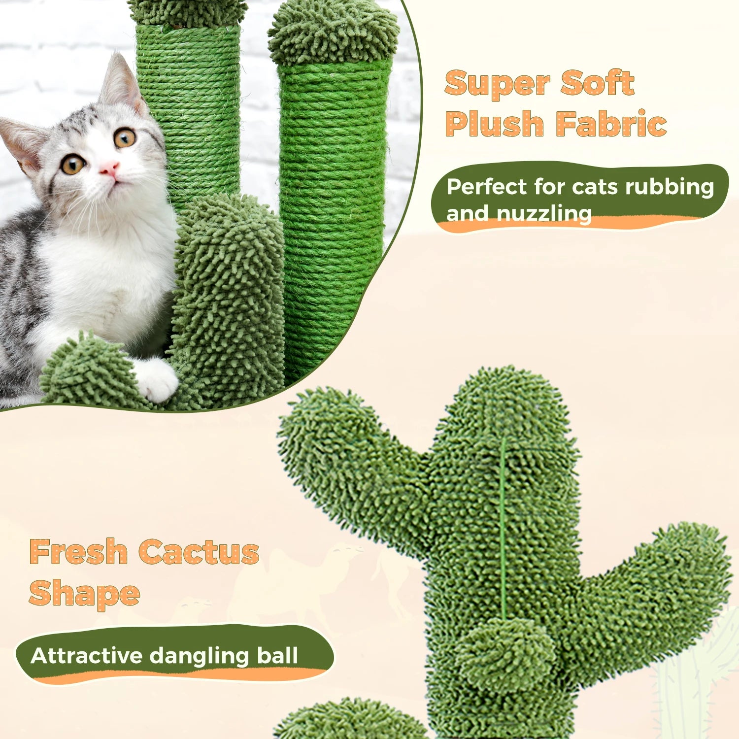 Cactus Cat Scratcher, Featuring 3 Scratching Poles and Interactive Dangling Balls.