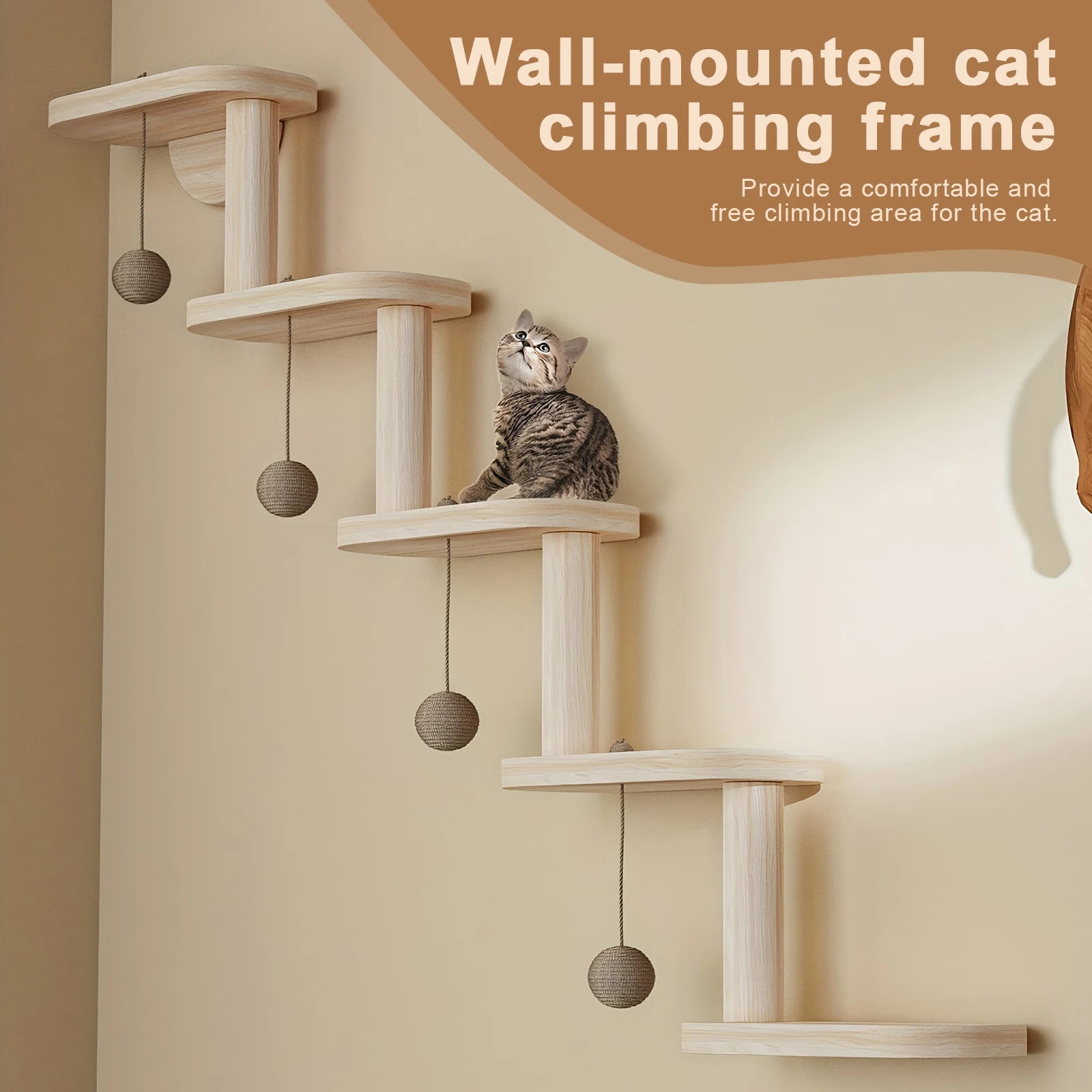 Wall Mounted Wooden Cat Climbing Frame with 5 Step Wooden