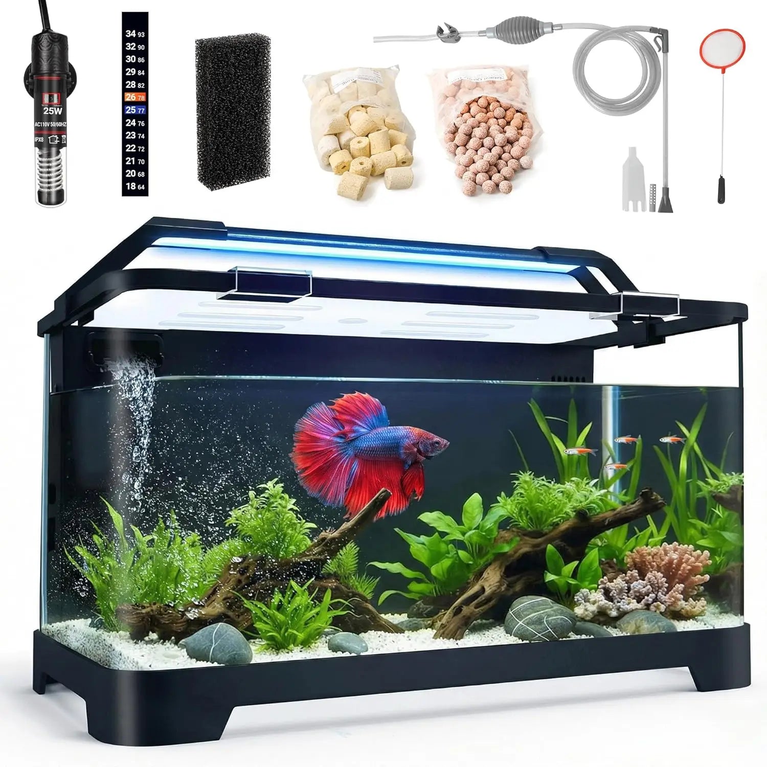 Aquarium Kit with Heater, LED Light & Filtration for Betta Fish and Shrimp