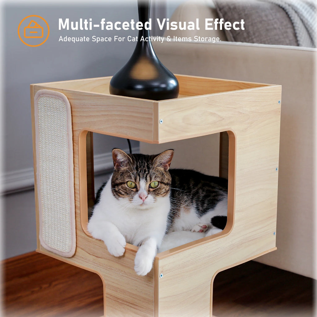 Wood Cat Condo with Removable Soft Mats and Scratching Pad