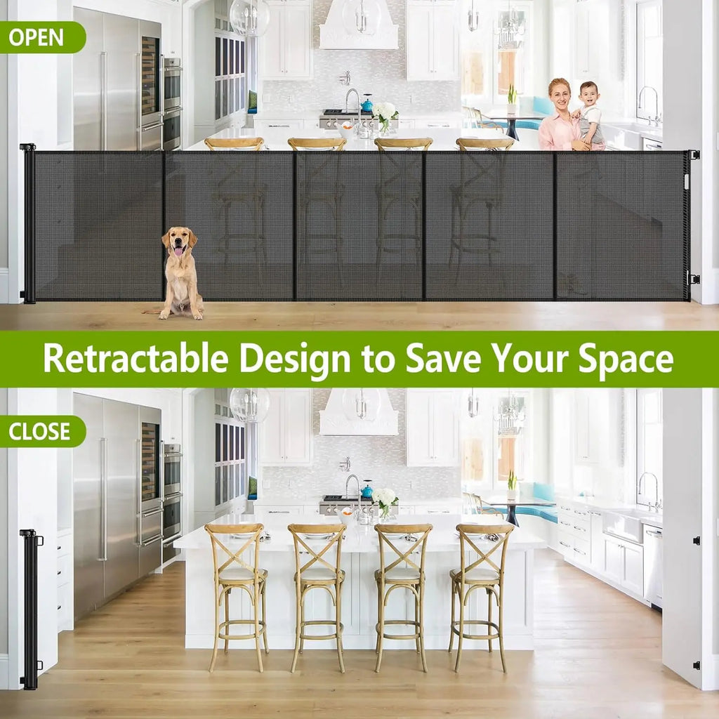 42" Tall Retractable Dog Gate, 155" Wide Adjustable Barrier for Indoor/Outdoor