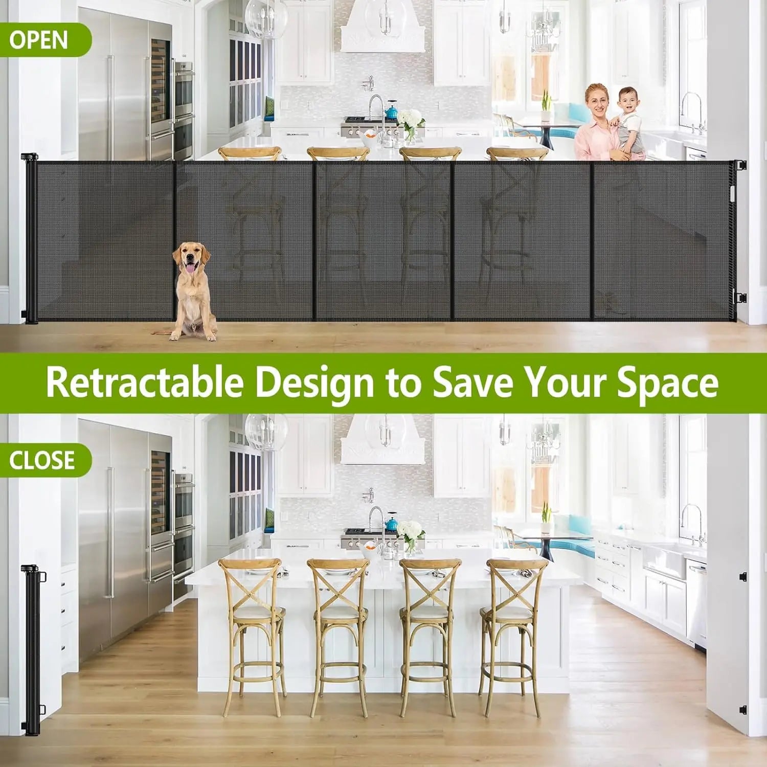 42" Tall Retractable Dog Gate, 155" Wide Adjustable Barrier for Indoor/Outdoor