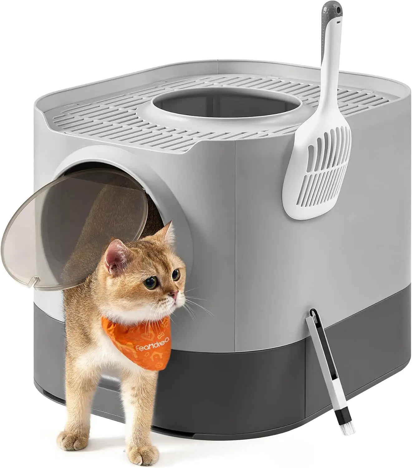 Enclosed Cat Litter Box with Lid, Slide-Out Tray, Scoop & Brush