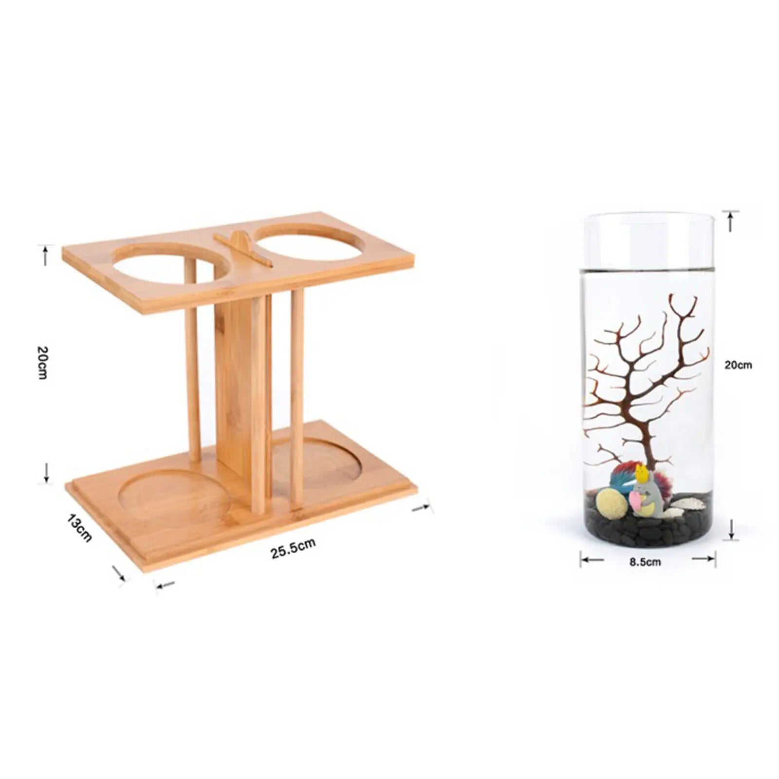 Glass Betta Fish Tank with LED Light Bamboo Base Mini Aquarium Set