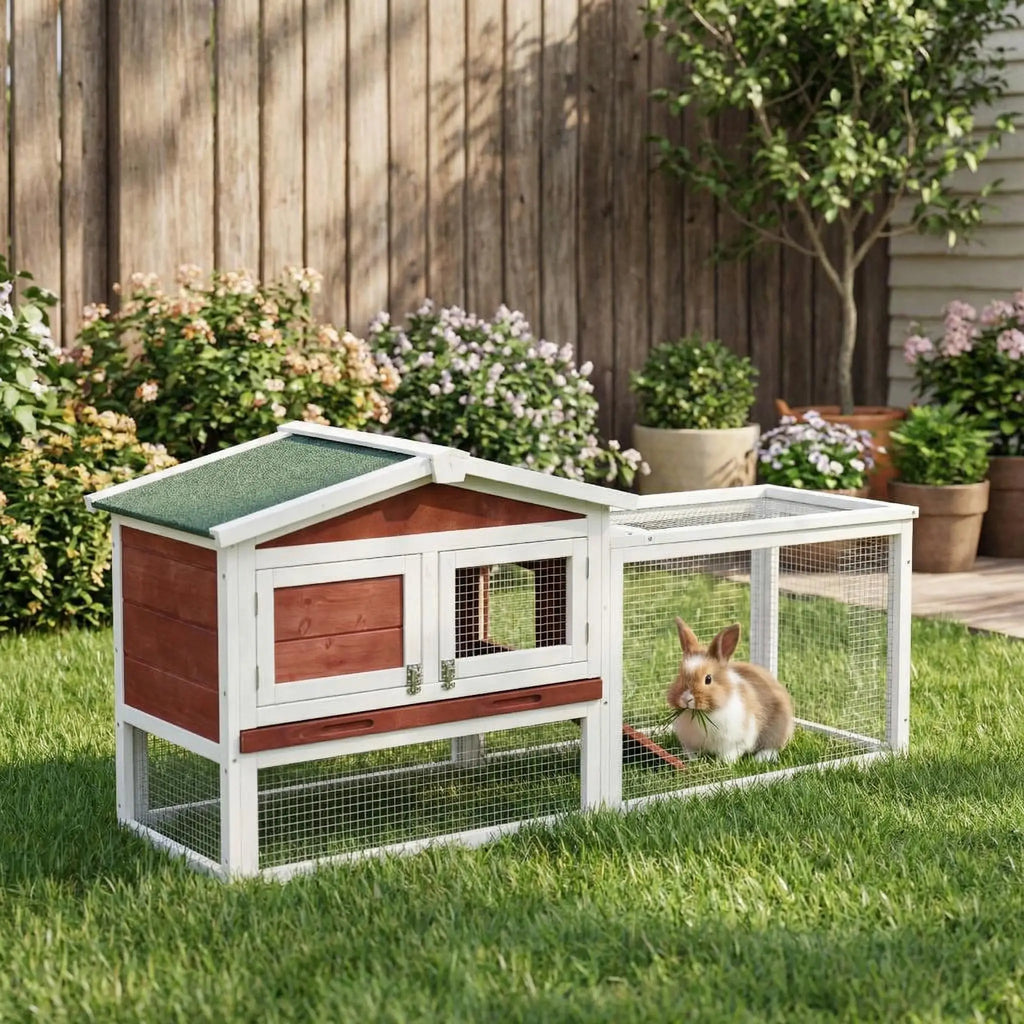 Large Wooden Hutch with Non-Slip Ramp, Playpen and Pull-Out Tray