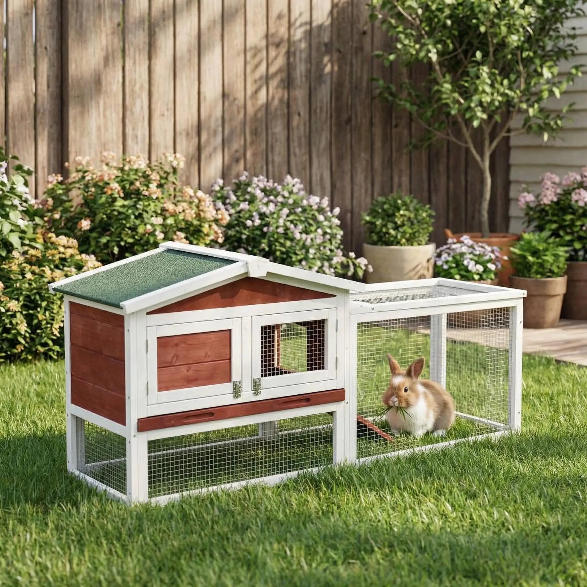 Large Wooden Hutch with Non-Slip Ramp, Playpen and Pull-Out Tray