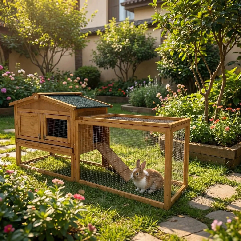 Large Wooden Hutch with Non-Slip Ramp, Playpen and Pull-Out Tray