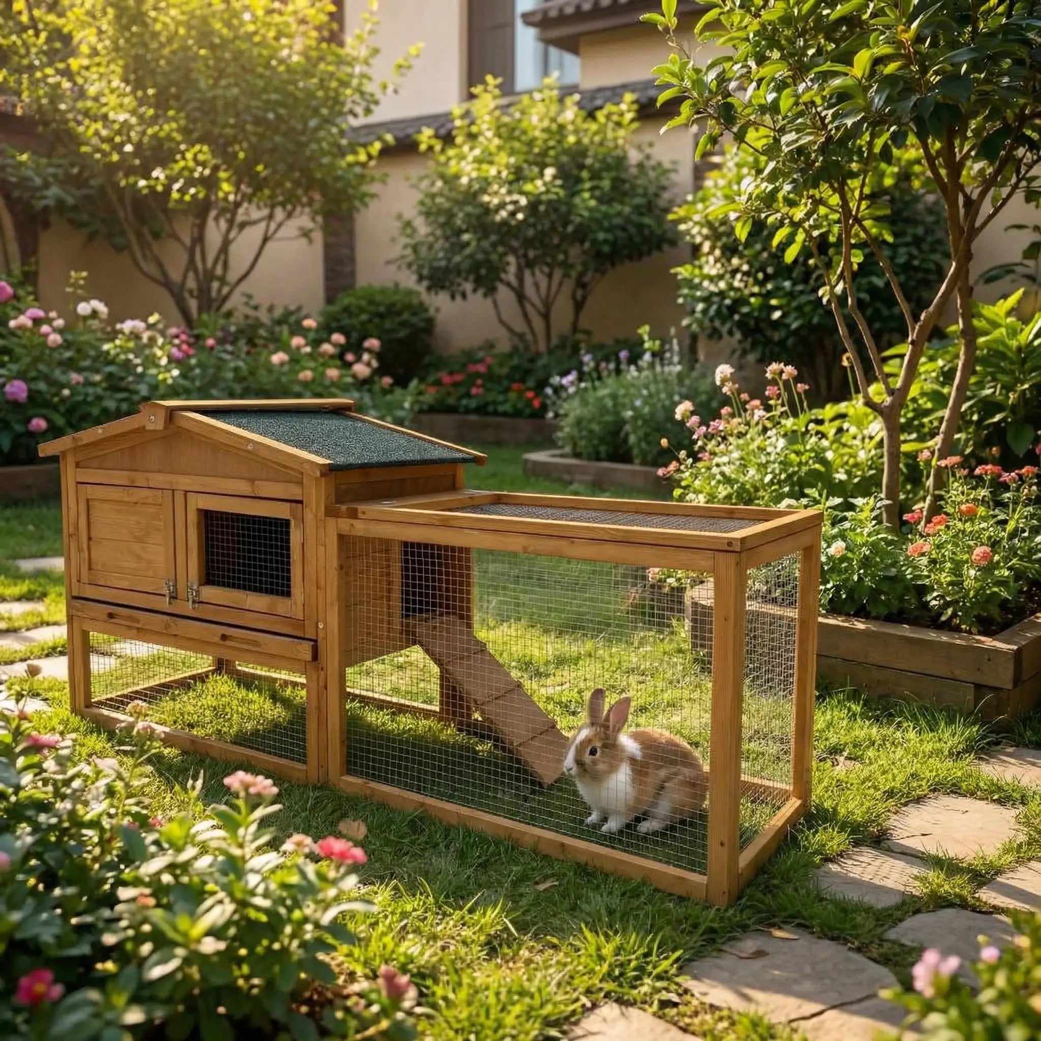 Large Wooden Hutch with Non-Slip Ramp, Playpen and Pull-Out Tray