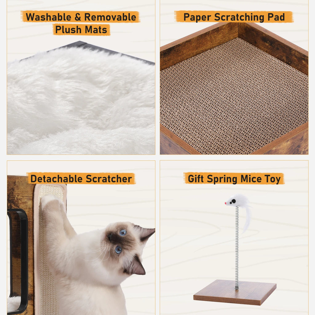 Wood Cat Condo with Removable Soft Mats and Scratching Pad