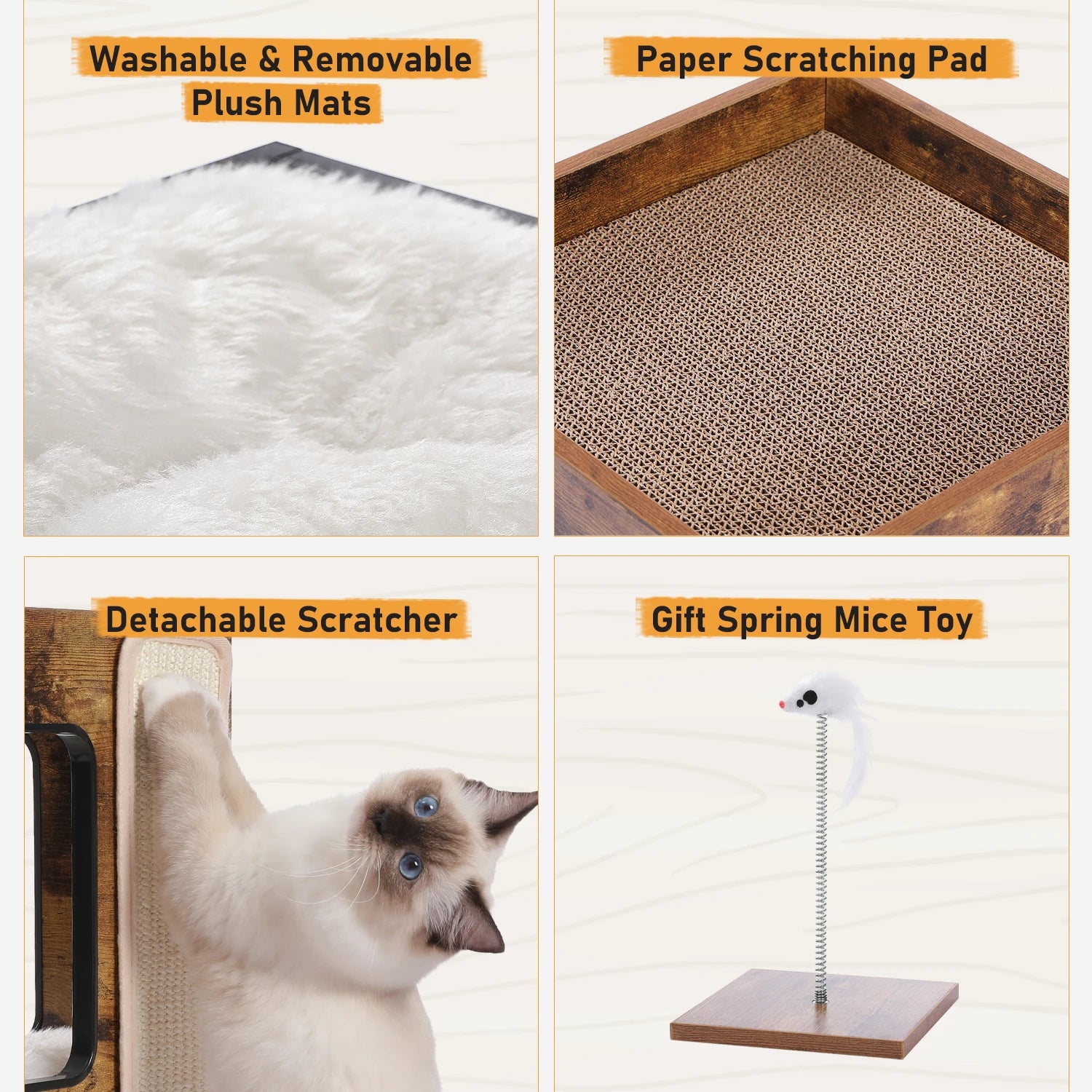 Wood Cat Condo with Removable Soft Mats and Scratching Pad