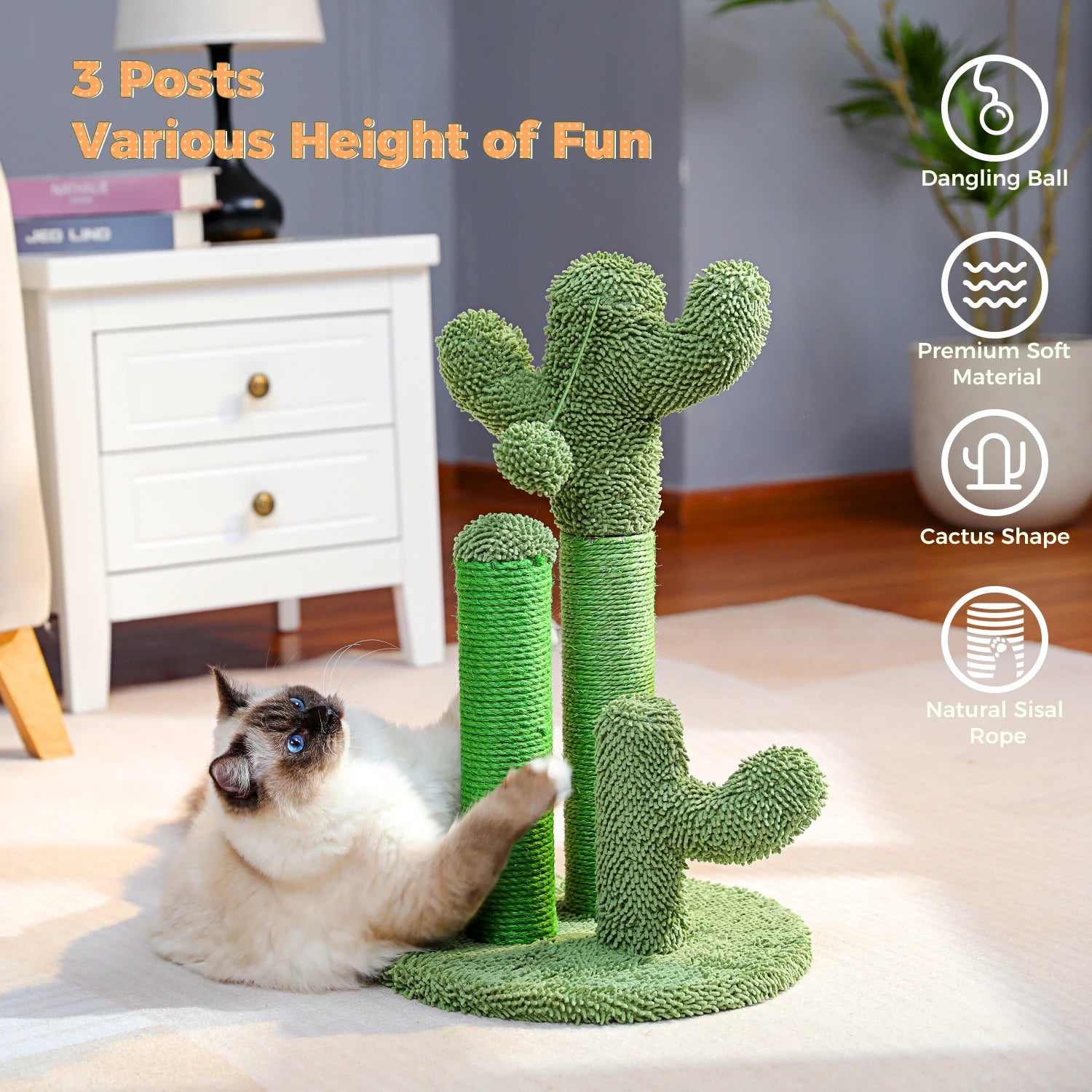 Cactus Cat Scratcher, Featuring 3 Scratching Poles and Interactive Dangling Balls.